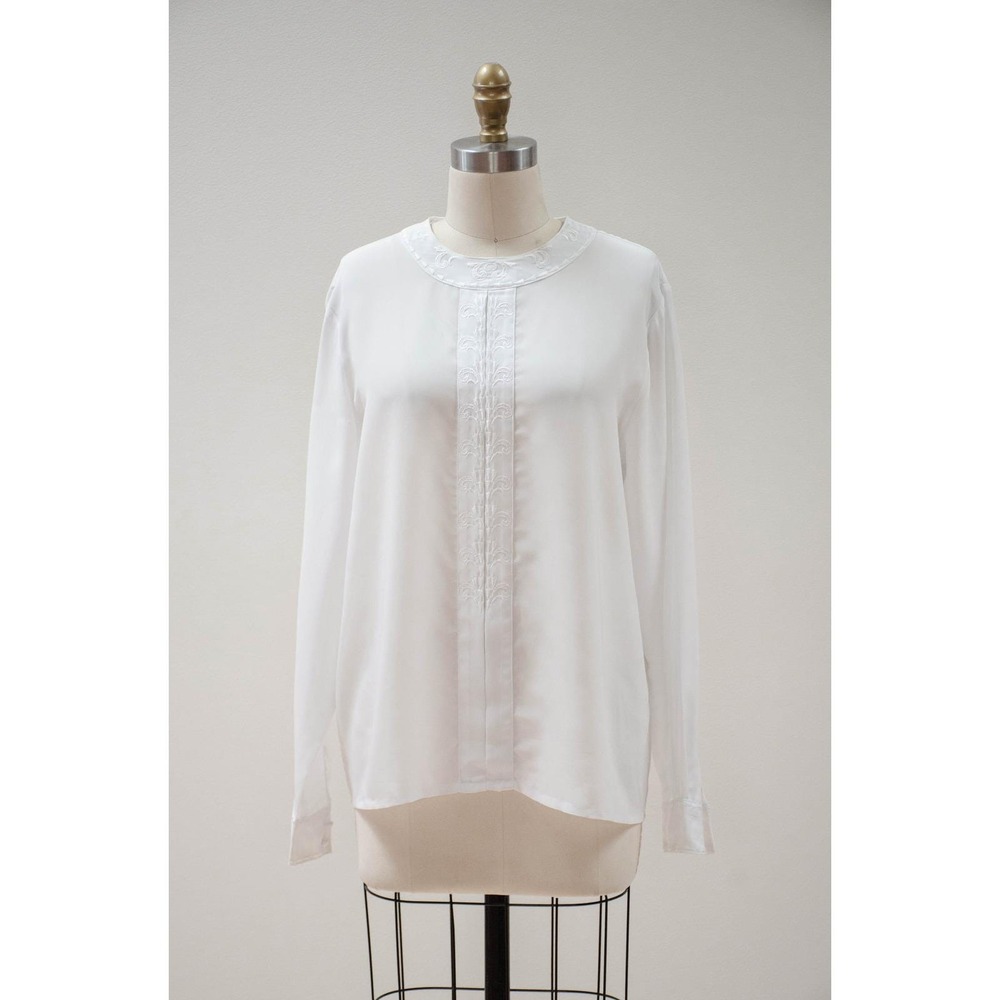 Christie & Jill Blouse Vintage 80s Embroidered Silky Long Sleeve M White Top